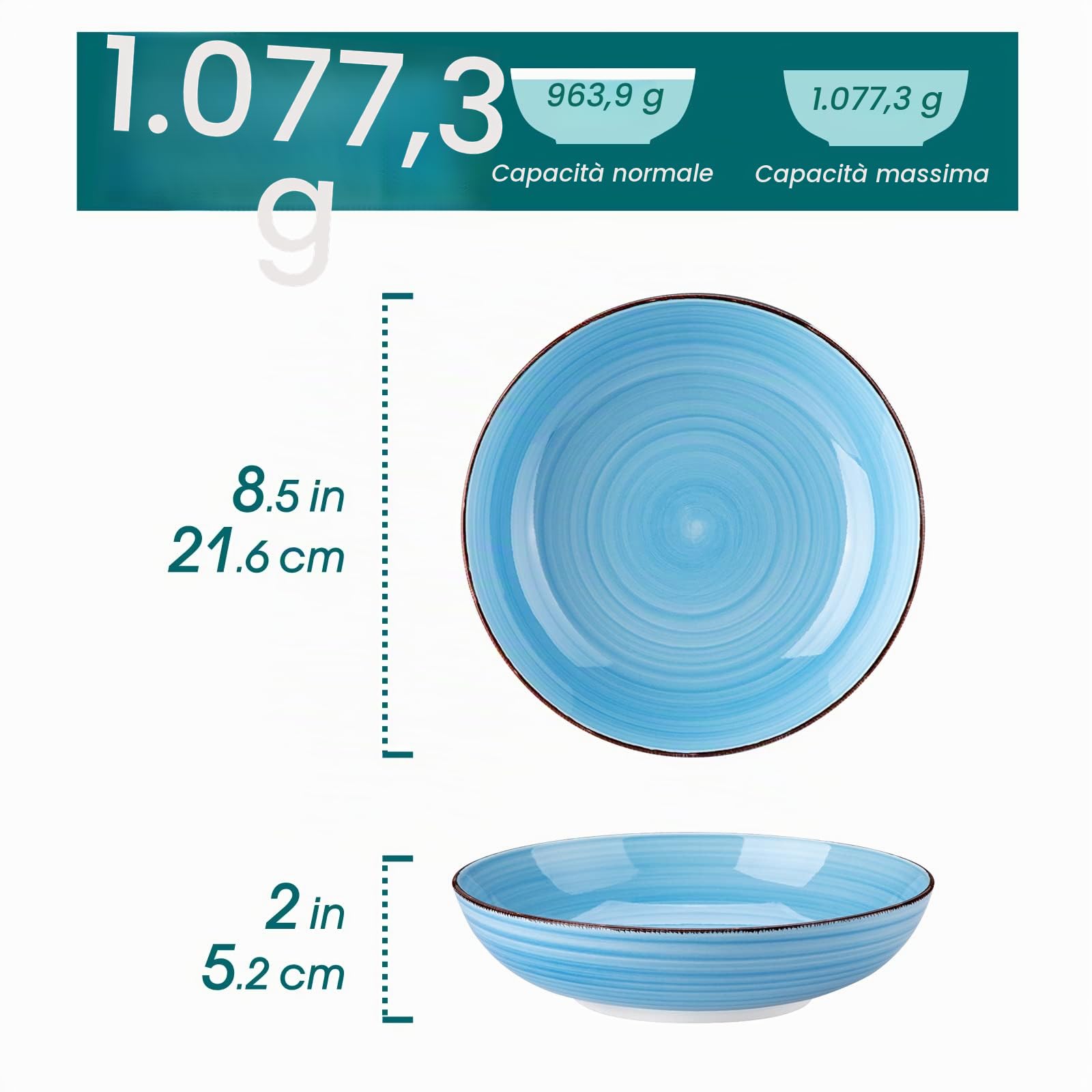 vancasso Bonita - Set di 6 ciotole per pasta in ceramica, adatte al microonde e alla lavastoviglie, 21 cm, eleganti ciotole basse per pasta, insalata e zuppa, set di piatti per pasta di grande