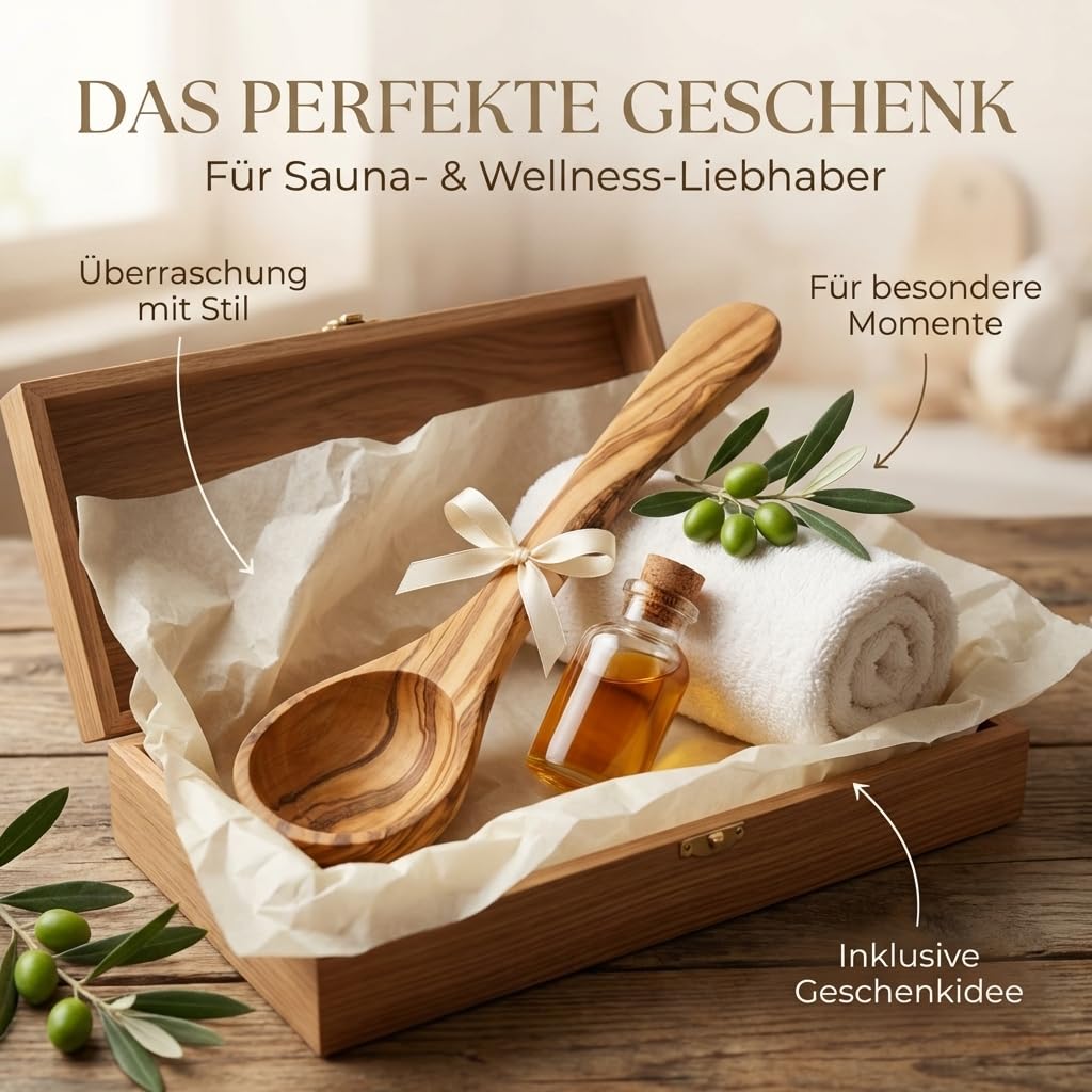 Saunakelle aus Olivenholz mit Gravur - Personalisierbare Aufgusskelle langlebig & hitzebeständig - Sauna Zubehör Saunalöffel Geschenkidee (Mit Gravur, 30 cm)