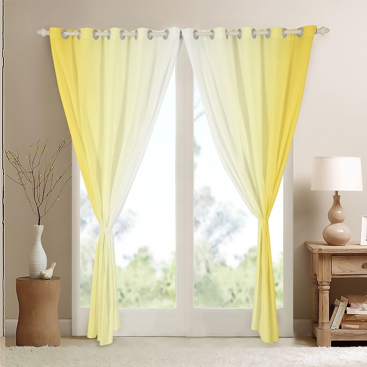 jejeloiu (2 Panels, 38 x 45 Inch) White and Yellow Darkening Drapes Gradient Style Curtains for Bedroom Living Room for Kids Women Men Ombre Printed Blackout Curtains Geometric Window Treatments
