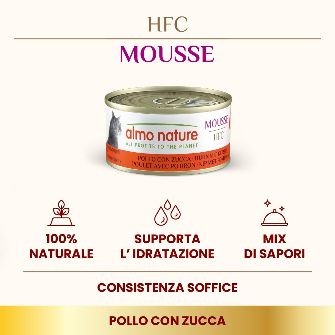 Almo Nature HFC Mousse, Alimento Umido per Gatti - Pollo con Zucca - 70g, Confezione da 24