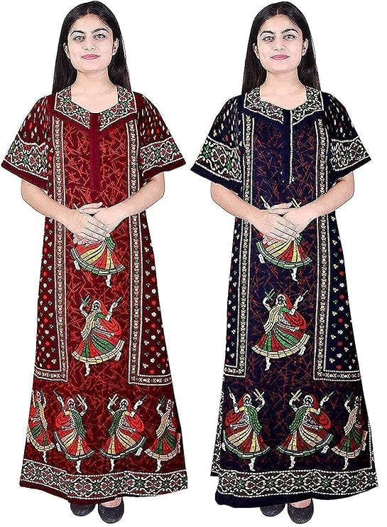 Image of NILOUFO Women's Cotton Printed Maxi Nighty - Pack of 2 | Soft Ankle-Length Sleepwear Gowns for Women | Free Size Night Dresses (Maroon,Blue, Free Size)