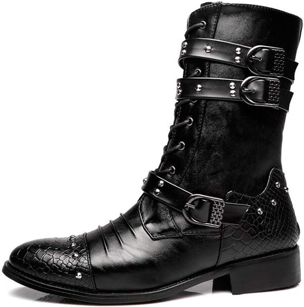 Santimon Men's Boots Retro Studded Rivet Buckle Zipper Western Motorcycle Combat Boot Heavy Metal Punk Rock Black - Image 2