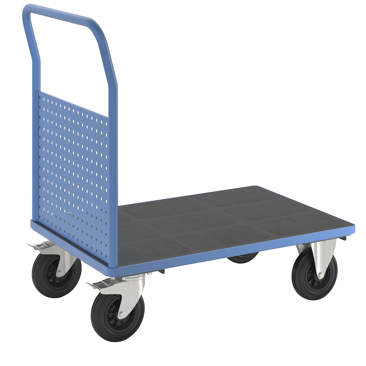 eurokraft pro | Plattformwagen | Mit 1 hohen Lochblechwand, LxB 1050 x 700 mm, Vollgummi