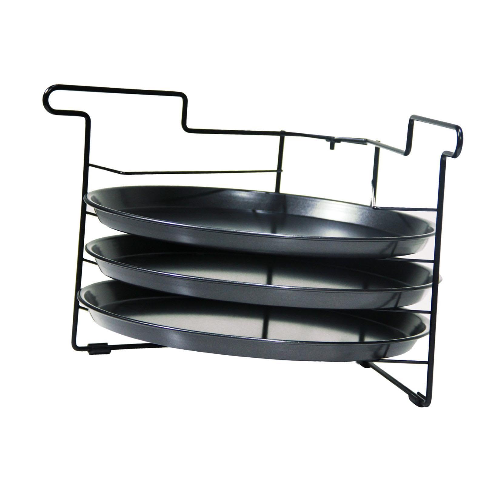 Pizza Rack Présentoir Multifonction pour Pizza avec Plateau de Cuisson Empilable Grille Perforée Stable en Fer Support pour Pains Tartes et Gâteaux Ad, with 3pcs 11 Po Pan
