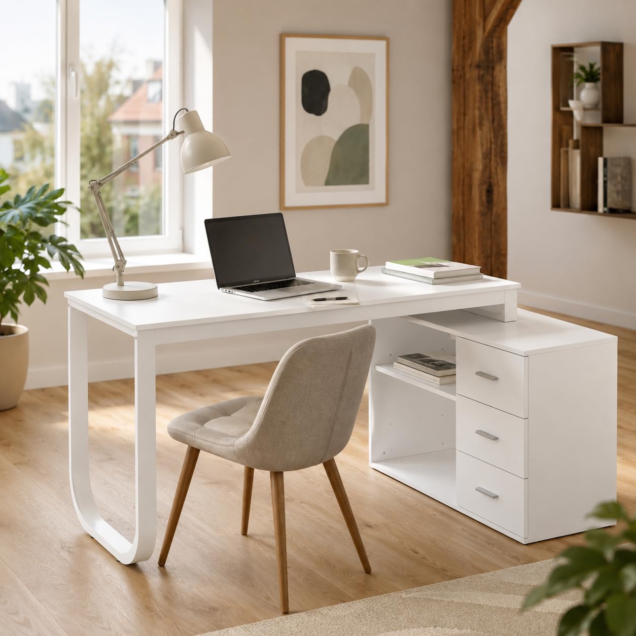 Schreibtisch Weiß mit 3 Schubladen und Regal, Computertisch mit Stauraum, Arbeitstisch für Homeoffice, Jugendzimmer und Büro, 140 x 105 x 75 cm