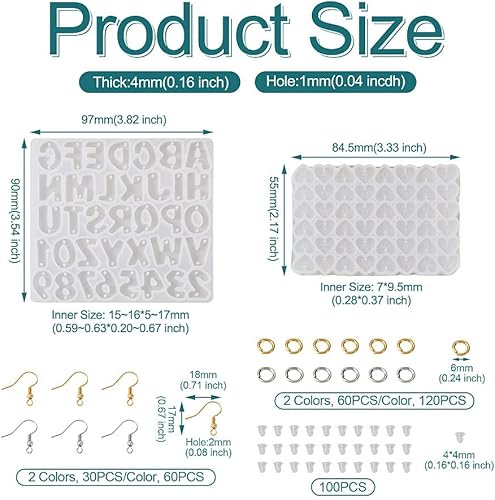 Miniatura 5 de KISSITTY Moldes de silicona para aretes con números de letra, números del alfabeto, corazón, moldes de fundición de resina, kit de fabricación de