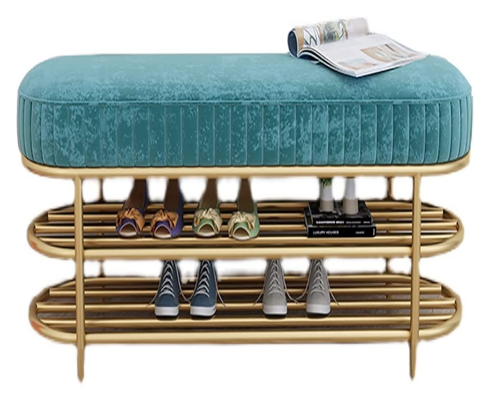 Tabouret à langer de luxe avec meuble à chaussures rembourré bleu nuit de 60 cm