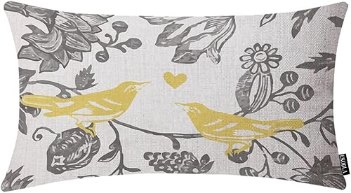 EKOBLA Fundas de almohada oblongas con diseño de pájaro floral vintage, color amarillo, gris, marfil, diseño de ramas de flores, fundas de cojín
