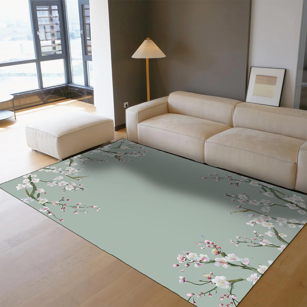 100x200cm Tapis Fleuri Rose Fleurs de Cerisier Vert Sauge Rugs Oriental Japonais à Poil Bas Lavable pour Salon Chambre Tapis de Sol