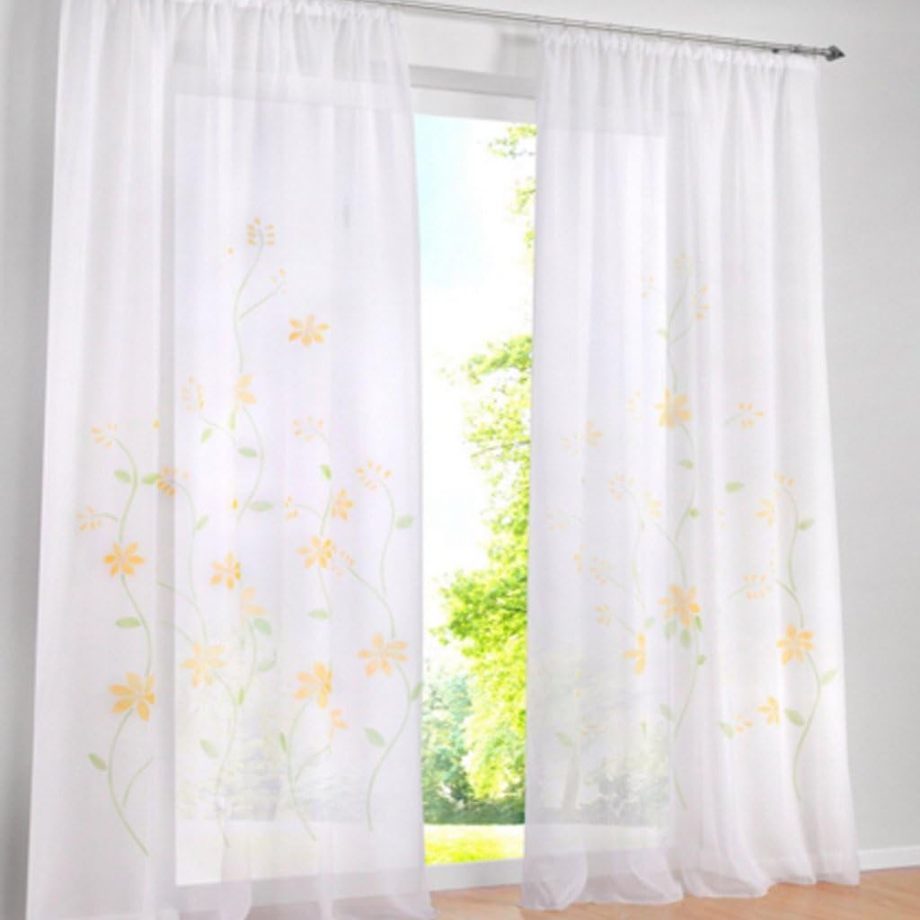 Yujiao Mao Voile Curtain with Floral Print Flowers Colourful Curtains Scarf with Ruffle Tape Pack of 1 Yellow W x H 150 x 145 cm