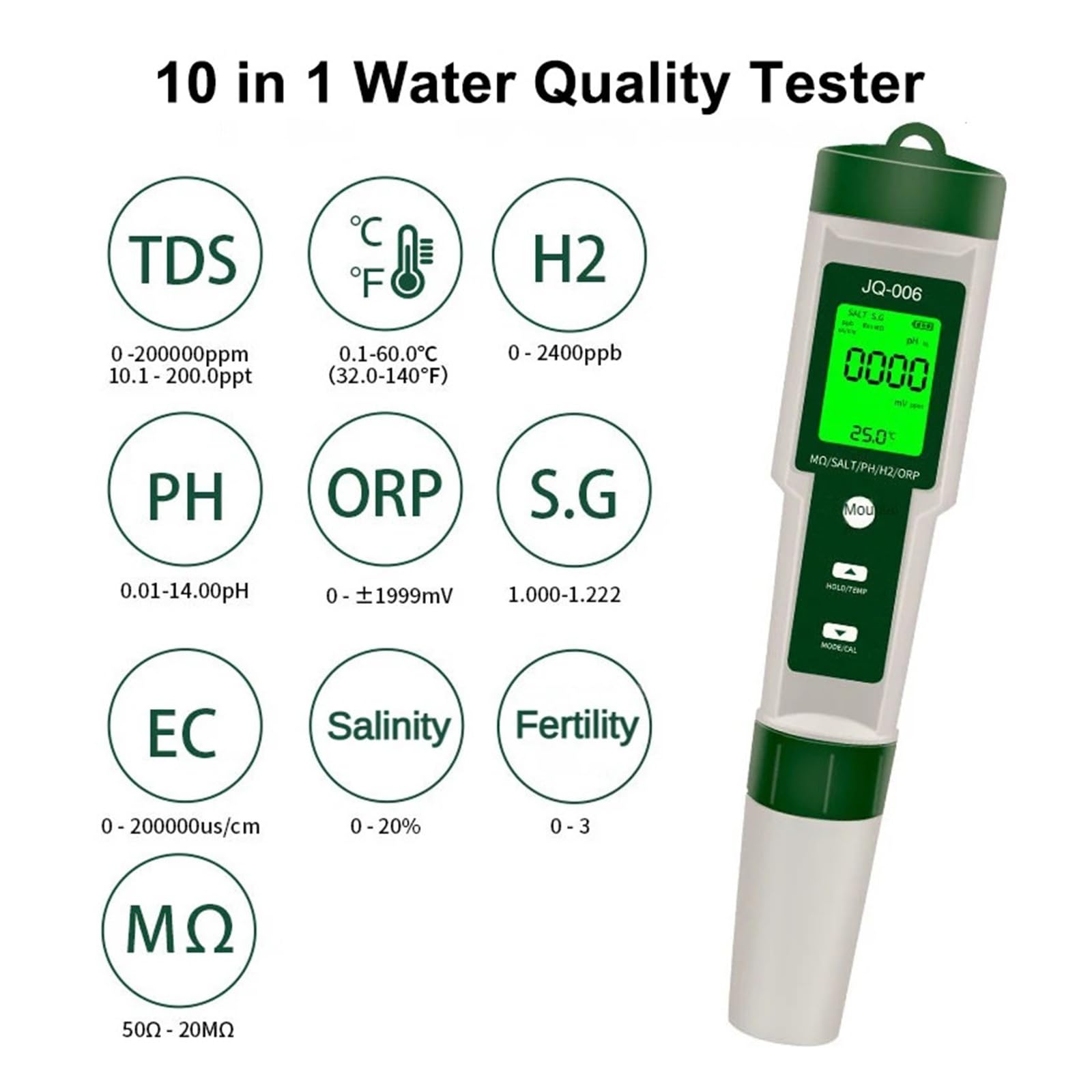 Testeur de qualité de l'eau Moniteur de qualité de l'eau 10 en 1, testeur Multifonction PH/EC/TDS/ORP/fertilité/salinité/SG/résistivité