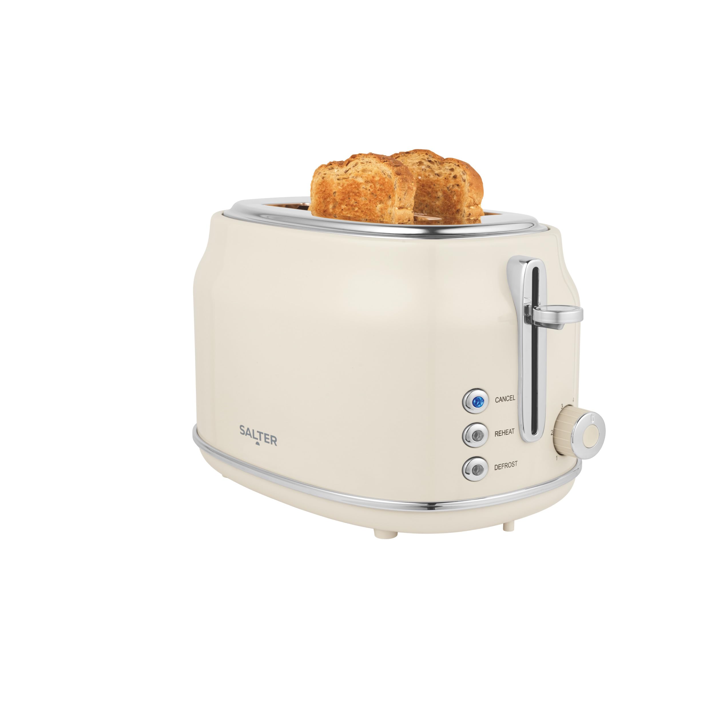 Salter Retro 2-Slice Toaster - Wide Slots, 6 Browning Levels, Defrost, Reheat & Cancel, High-Lift Eject, Removable Crumb Tray, Self-Centring, Cream