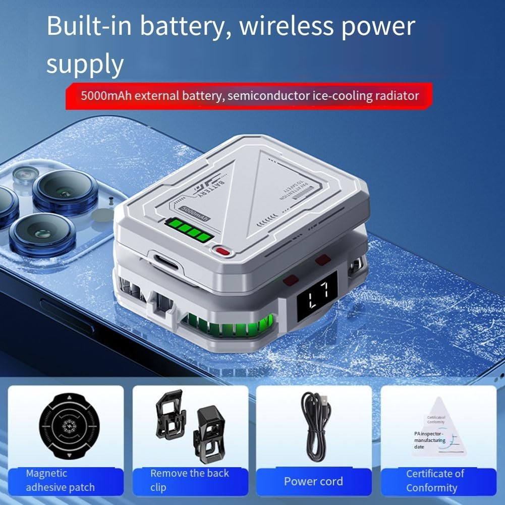 Refroidisseur de téléphone magnétique sans fil avec affichage numérique, batterie rechargeable 5000 mAh, ventilateur de refroidissement pour téléphone mobile, streaming en direct