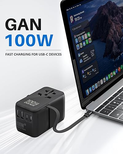 Miniatura 2 de DOACE Adaptador de viaje universal, adaptador de enchufe de viaje europeo GaN 3.0 de 100 W con cable USB-C integrado, adaptador de corriente