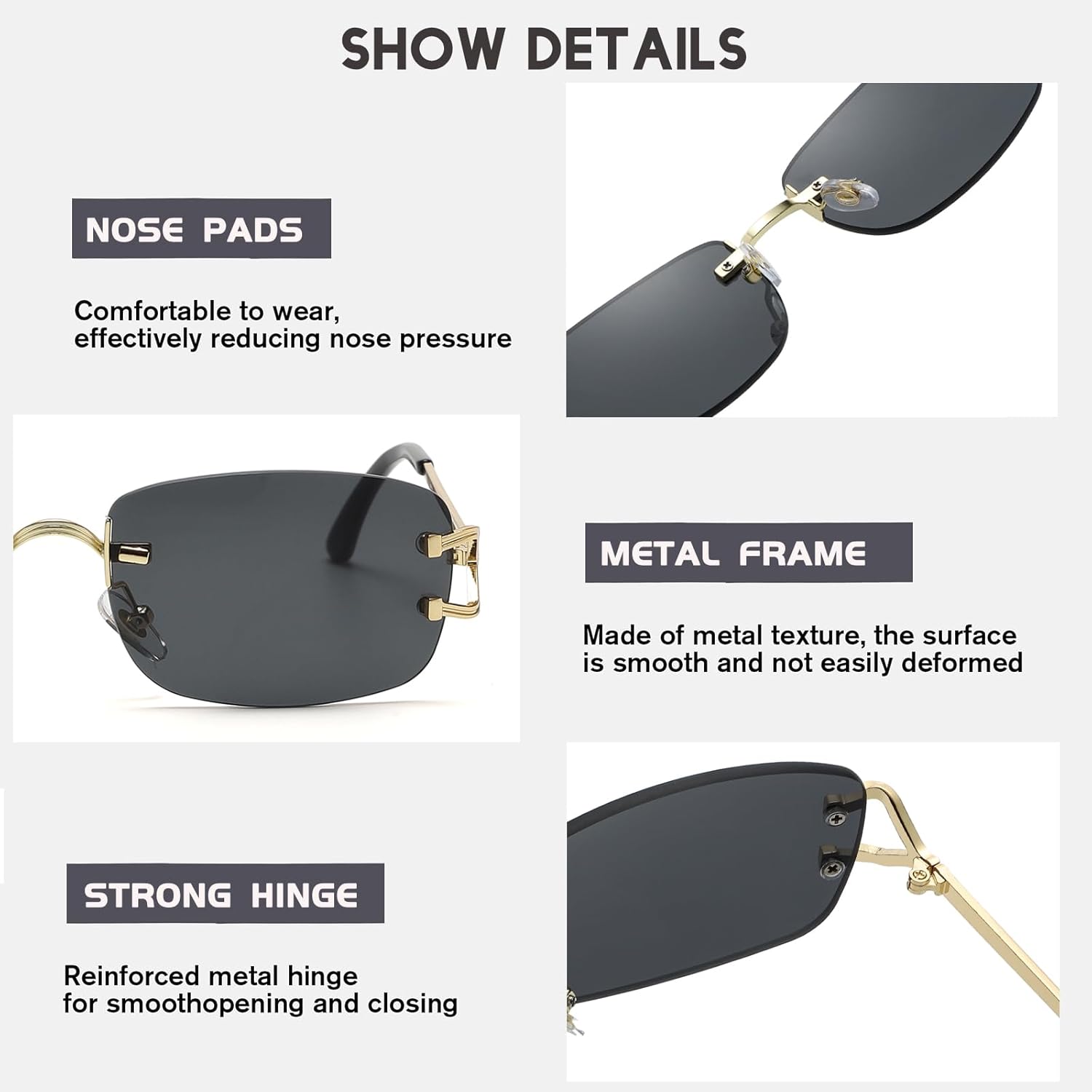 Rimless Sunglasses for Men Women Trendy Small Narrow Rectangle Metal Frame Sun Glasses Shades 90s Eyewear - Image 6