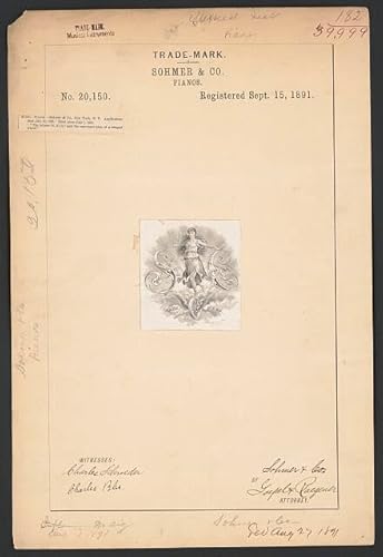 HistoricalFindings Photo: Trademark Registration by Sohmer & Co. for Woman Logo Brand Pianos