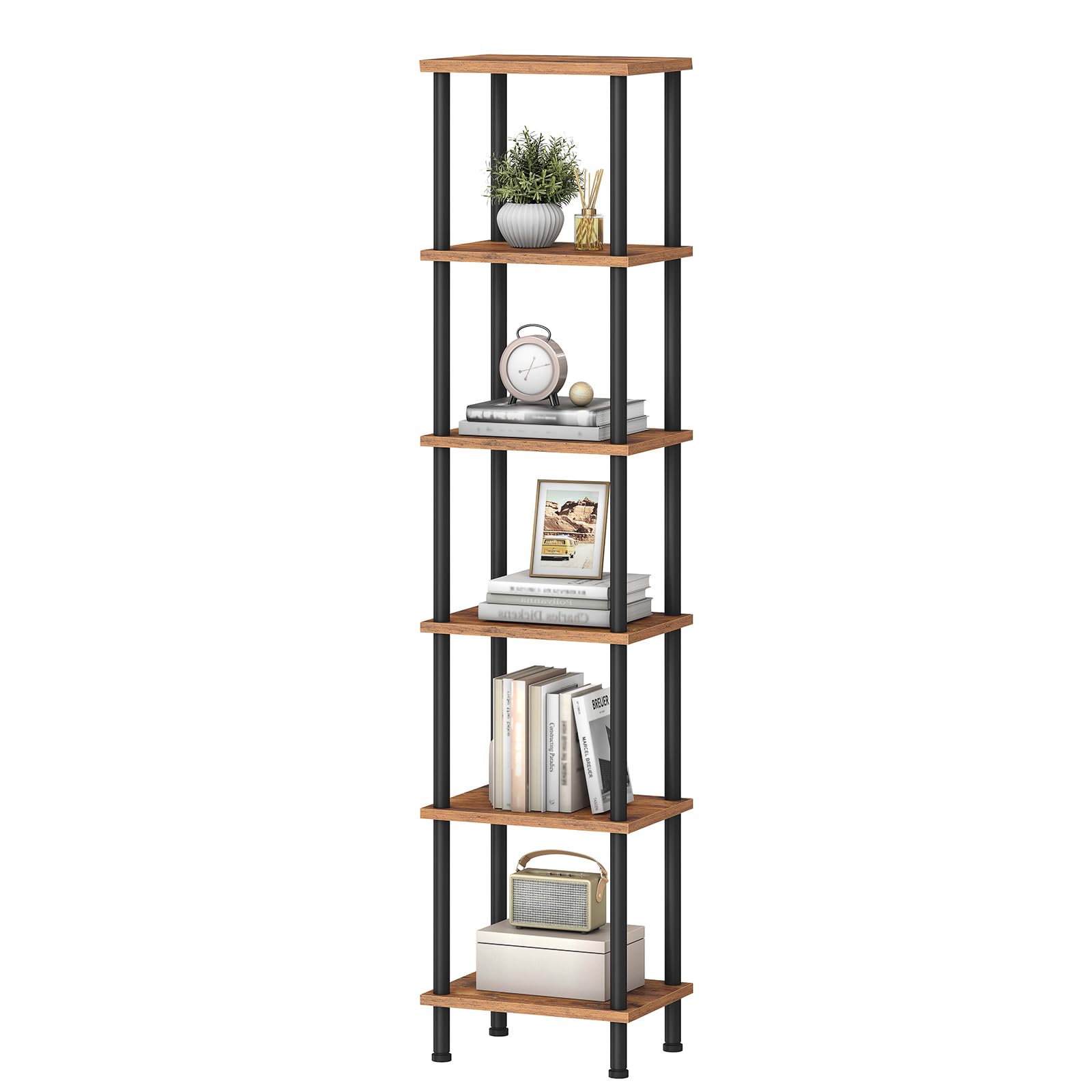 HOOBRO Librería de Estilo Industrial de 6 Niveles, Estantería de Almacenamiento Vintage de Gran Capacidad, Almacenaje y Exhibición, para Salón, Estudio, Oficina, Marrón Rústico y Negro EBF165SJ01