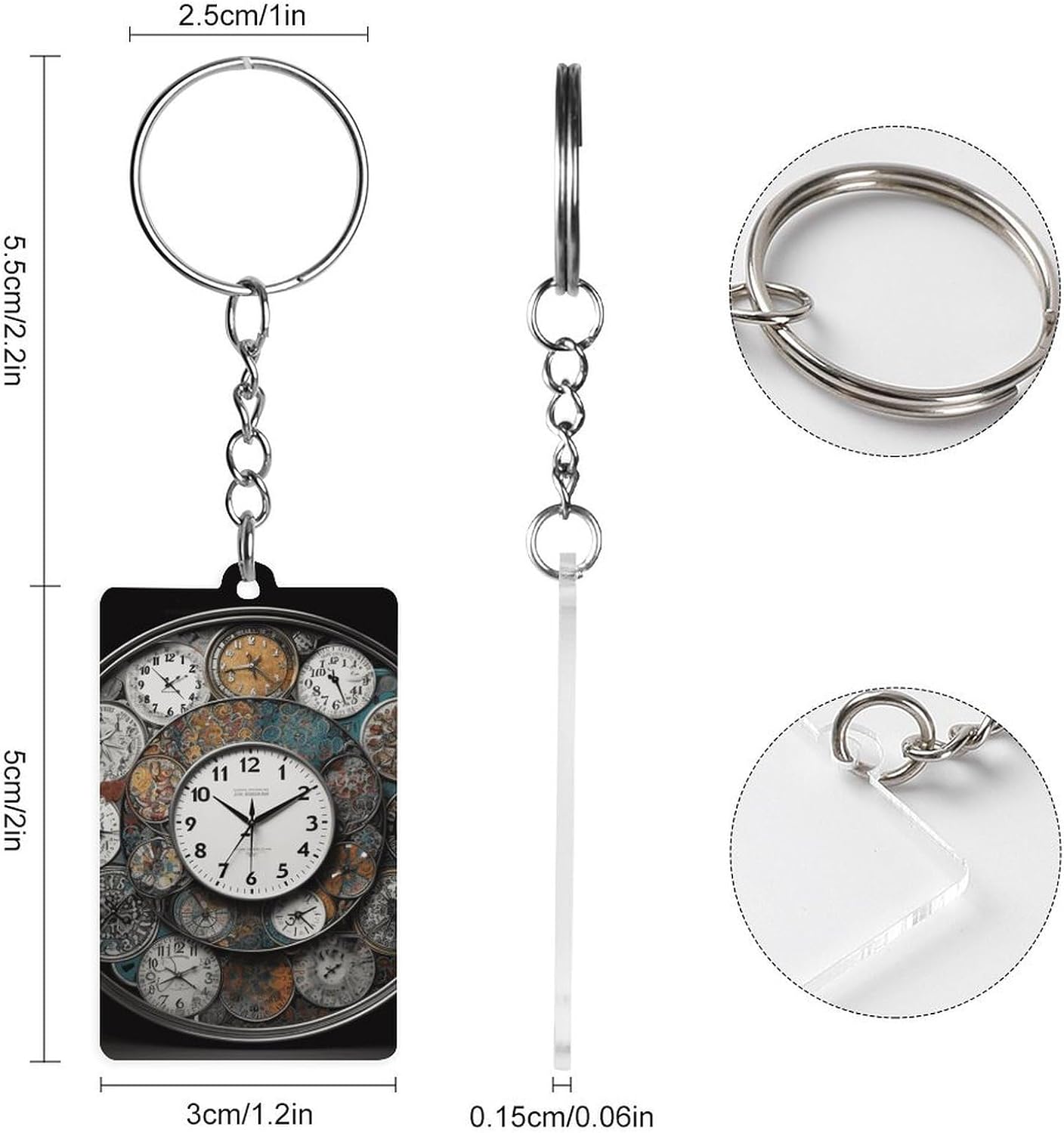 Clock Art Acrylic Key Chain 5cm x 3cm Rectangle Single Sided Acrylic Metal Split Ring Portable Decoration House Key Charm Holder Travel Bag Daily Accessories image 2