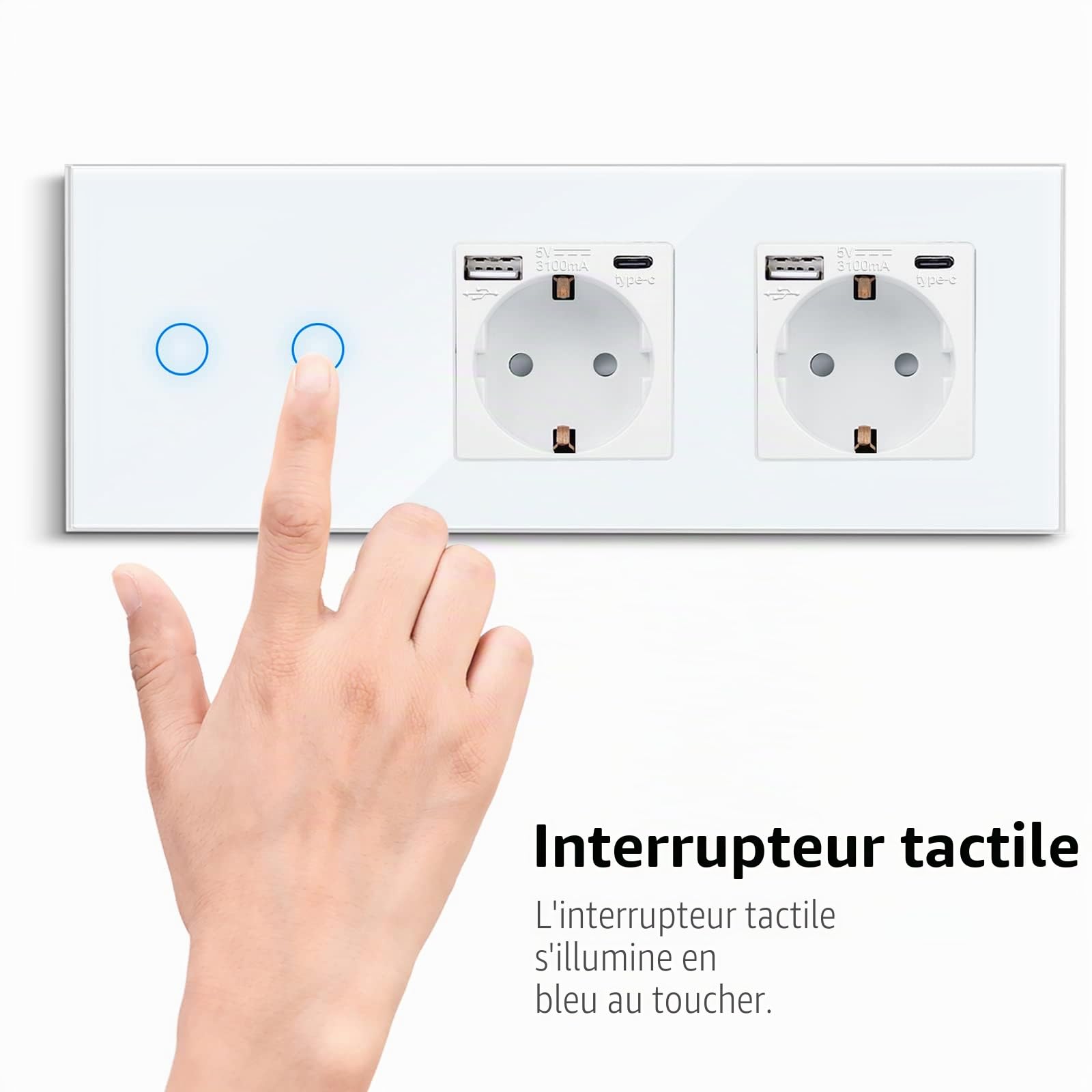 CNBINGO Interrupteur tactile et double prise USB (charge rapide type C+A, 20 W) – Prise Schuko encastrée – Interrupteur mural en verre double avec LED
