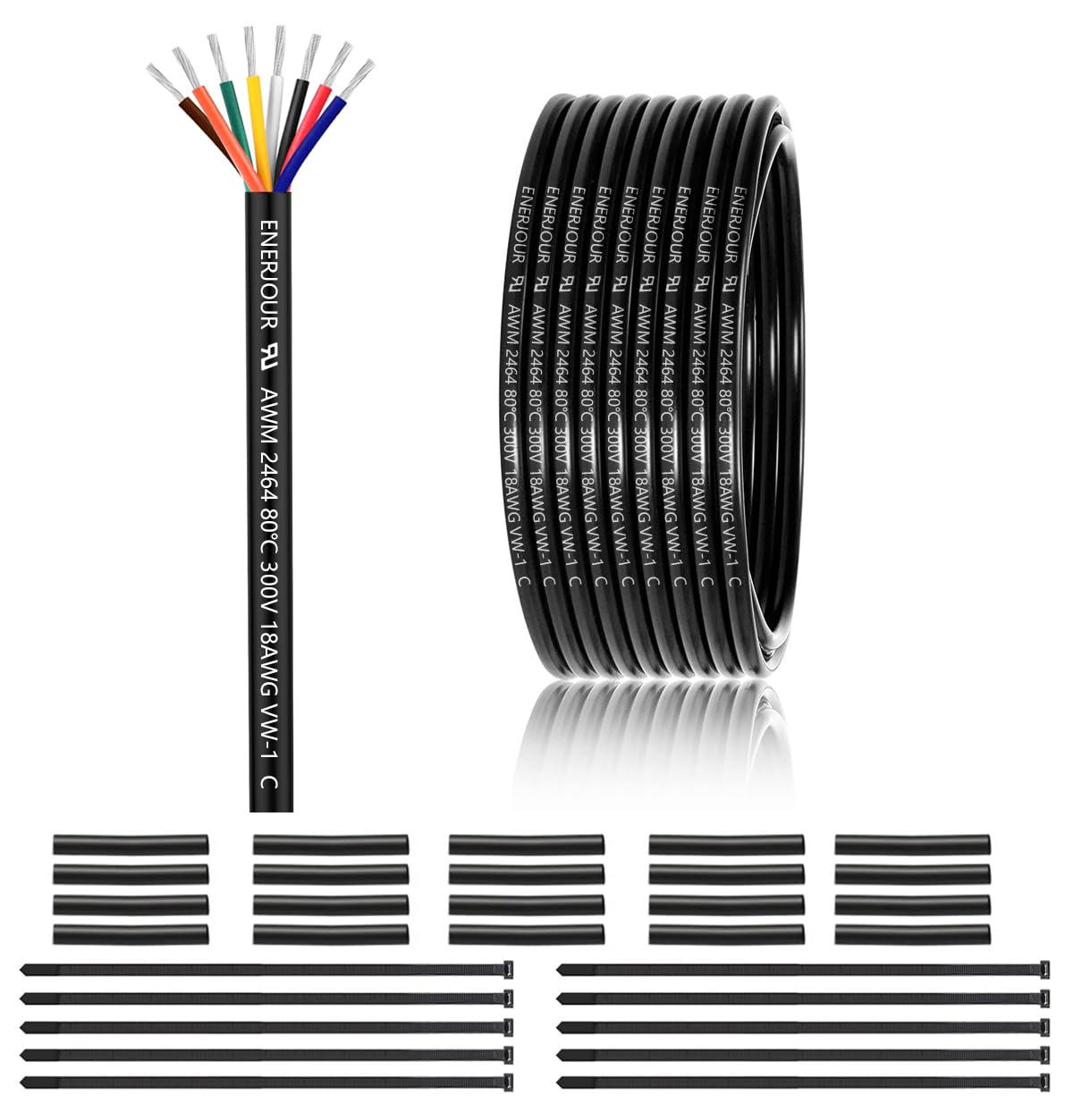 18 Gauge 8 Conductor Electrical Wire 50FT, UL 2464 18 AWG 8 Wire Cable Tinned Copper Stranded 18/8 Way Wire for Automotive Trailer Wire, Lighting, Solar Panel Cable, Extension Cable, Speaker etc.