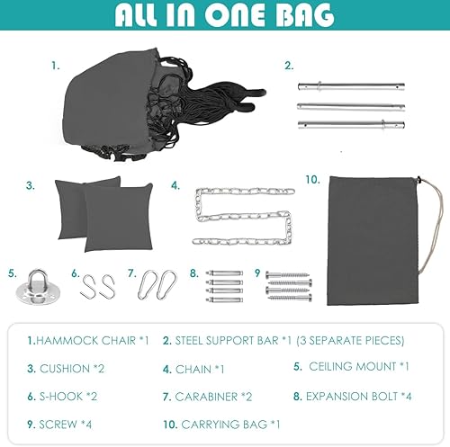 Miniatura 6 de Silla columpio tipo hamaca, silla colgante con bolsillo, barra de soporte de acero desmontable, capacidad de 500 libras, silla hamaca de tejido de