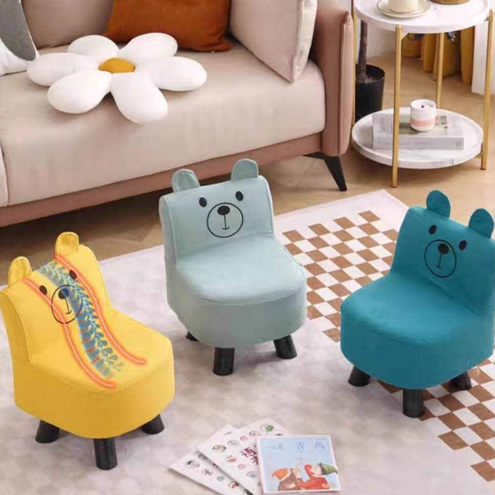 Chaise Enfant Ourson Rembourrée - Fauteuil Repose-Pieds Bleu Avec Structure Bois Et Pieds Antidérapants