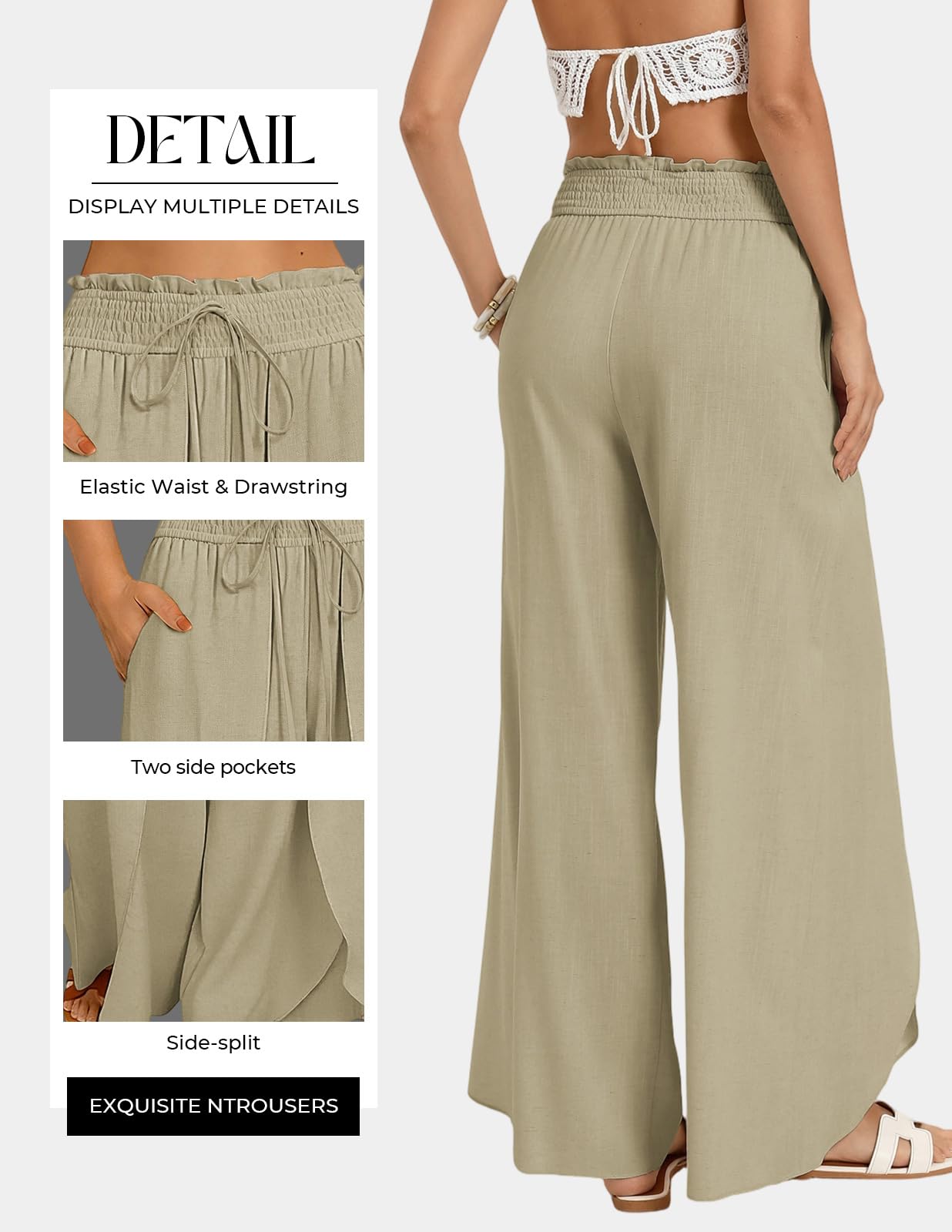 GRACE KARIN Pantaloni a Gamba Larga da Donna, da Lavoro, da Ufficio, Casual, in Lino, con Elastico in Vita e Tasche
