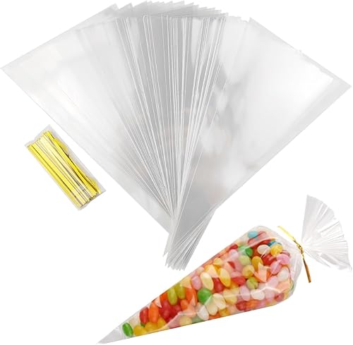 RONYOUNG 300 bolsas de celofán transparente en forma de cono de 5 x 10 pulgadas con lazos giratorios para golosinas, regalos de palomitas de maíz,