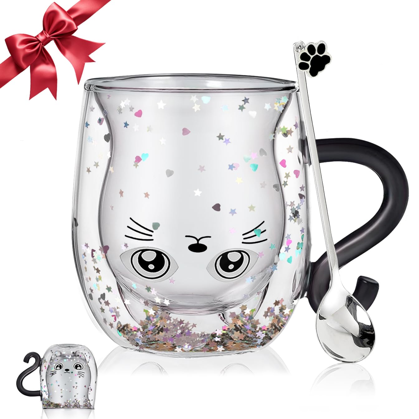Gifts for Women Cat Gifts Double Walled Glass Coffee Latte Cup Cute Stuff Black Cat Mug Gifts for Her Christmas Stocking Fillers,Birthday,Valentines,Halloween Presents for Women,Men,Kid,Mum,Teacher