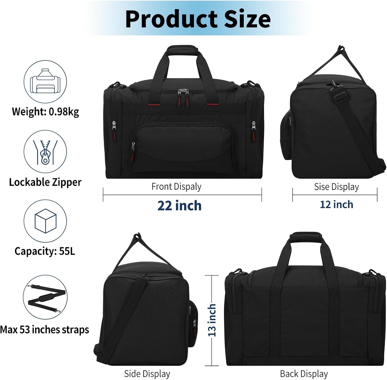 Gym Bag 22 inch Sport Duffle Bag for Men - 55L Weekender Duffel Bag for Travel 22“×12”×13“ - Black - Image 4