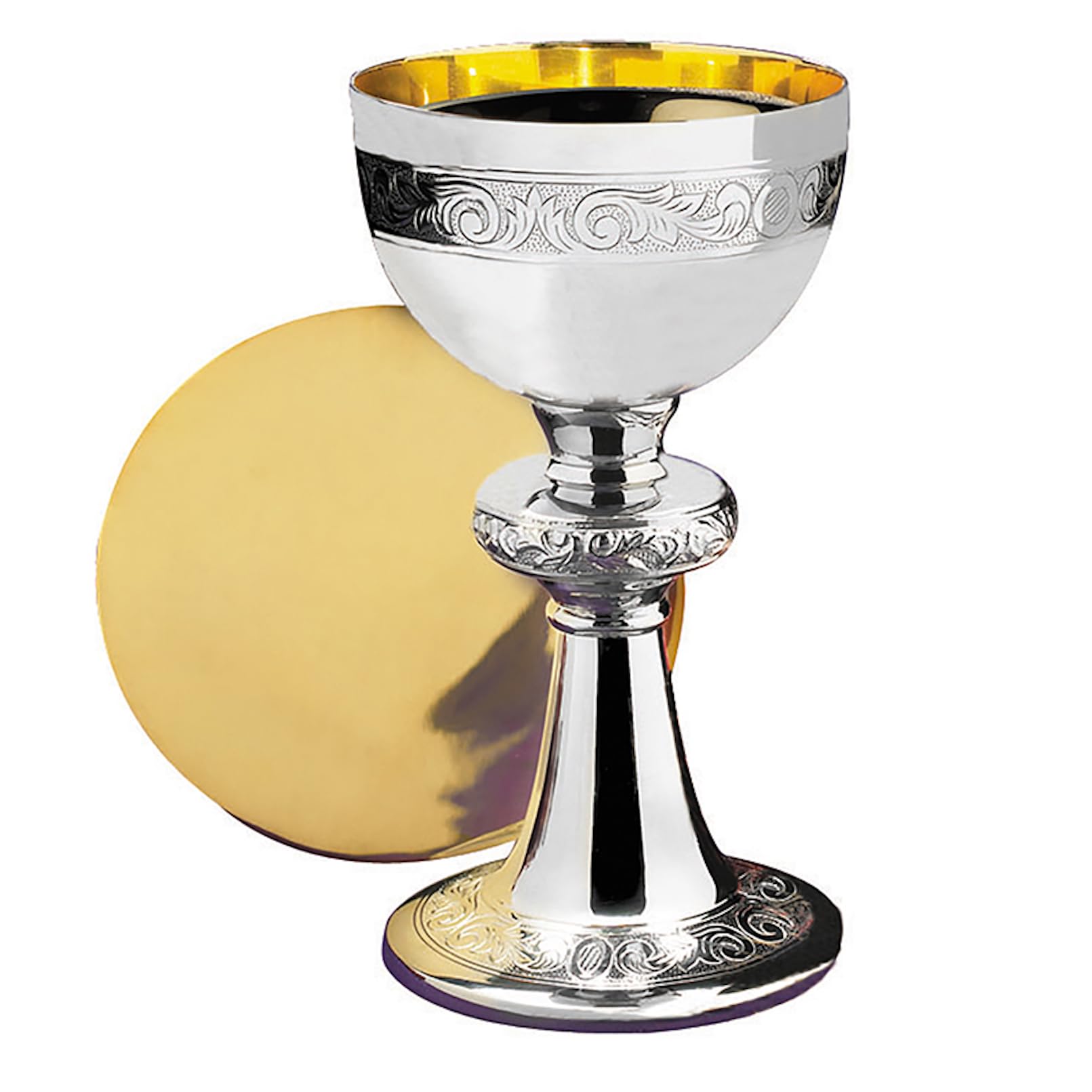 Gold Plated Brass Chalice & Paten, 10 Ounce, Nickel Plated Scrollwork
