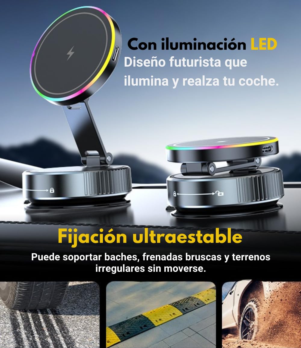 MagAxis Lumen Soporte Movil Coche Magnetico Compatible con MagSafe【Super Imanes N52】Luces LED【360° Rotación, Carga Inalámbrica y Fijación Ventosa】para iPhone 17 16 15 14 13 12 Pro Max Accesorios Coche