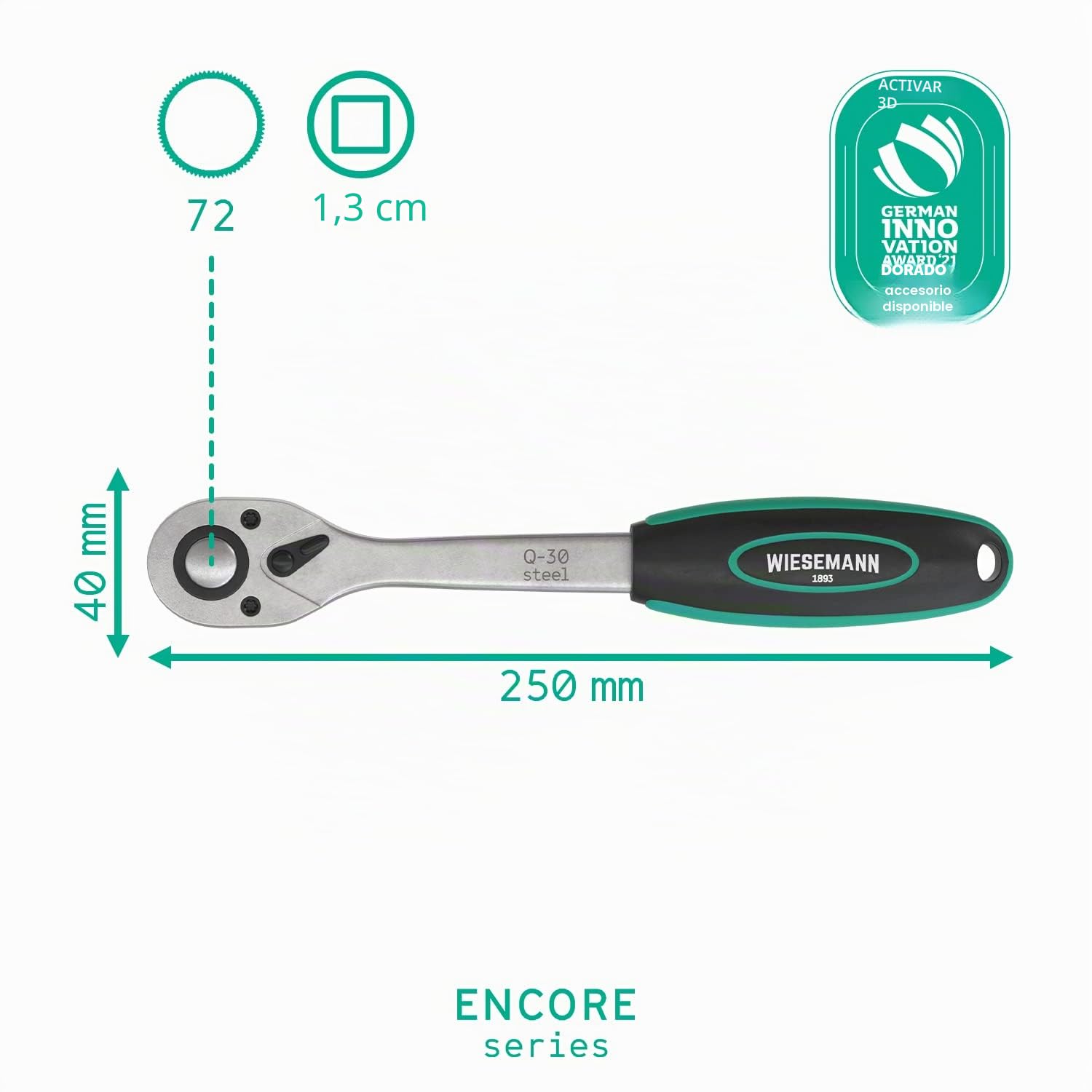 WIESEMANN 1893 Llave de carraca grande de 1/2" con 72 dientes Trinquete de dentado fino de Acero al cromo vanadio con mango de dos componentes | 80836