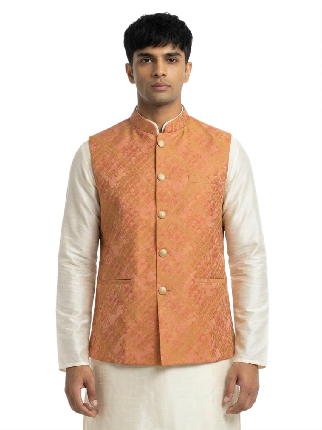 sanman ethnix by raymond Men Regular Fit Jacquard Pattern Poly Viscose Blend Mandarin Collar Sleeveless Festive Bundi-picture-28