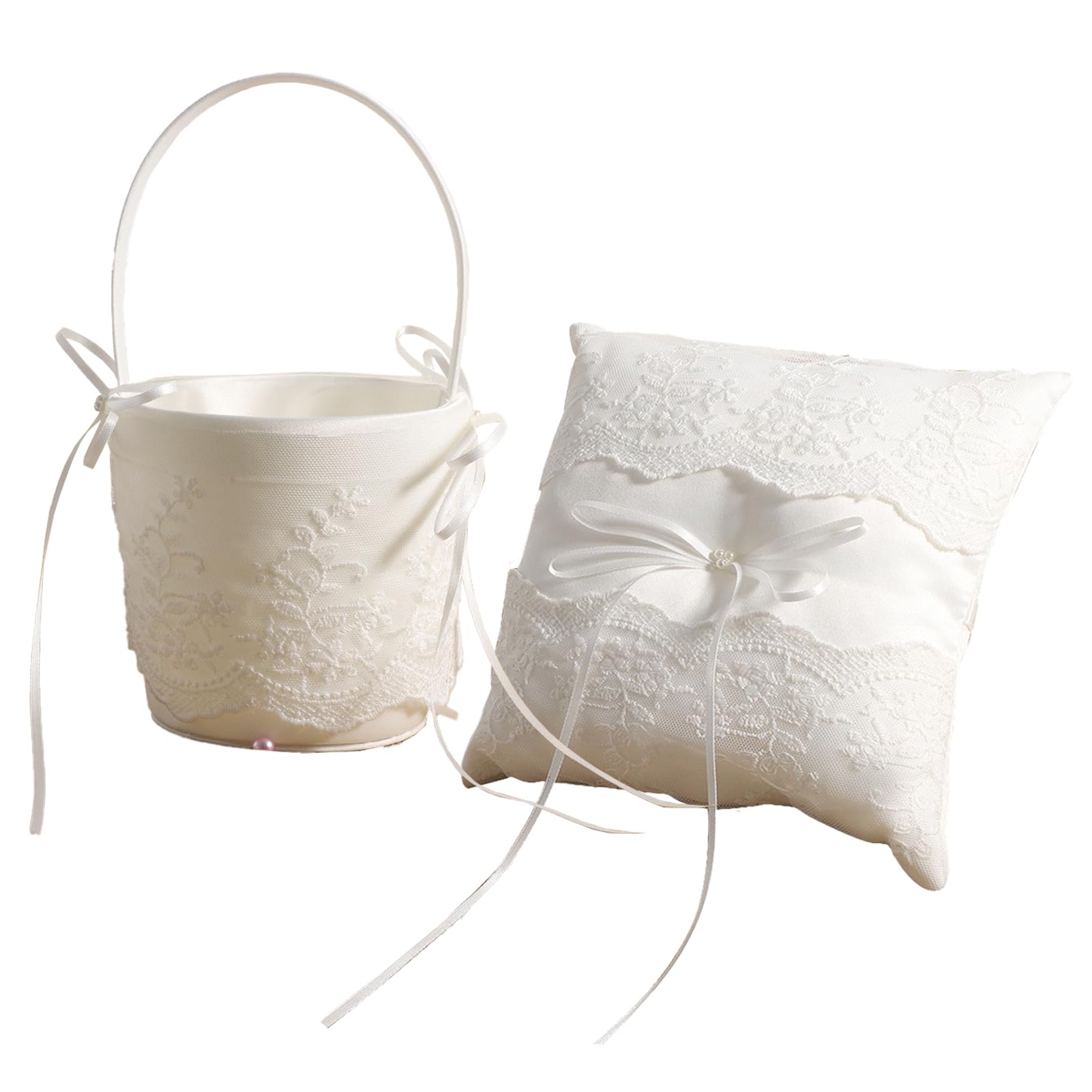 BFYDOAA Wedding Flower Girl Basket and Ring Bearer Pillow - White Satin with Lace Wedding Flower Girl Basket Set