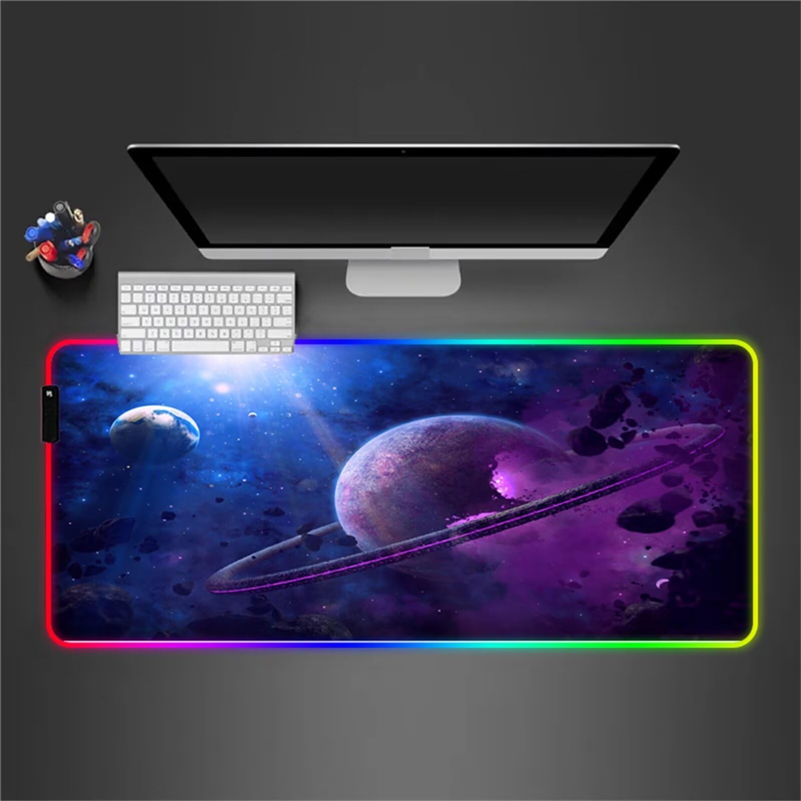 Universo Espacial RGB Alfombrilla de ratón para Juegos 900x400x4mm Alfombrilla Ratón Grande Alfombrilla de Escritorio LED con Base de Goma Antideslizante para Gamers PC y Portátil