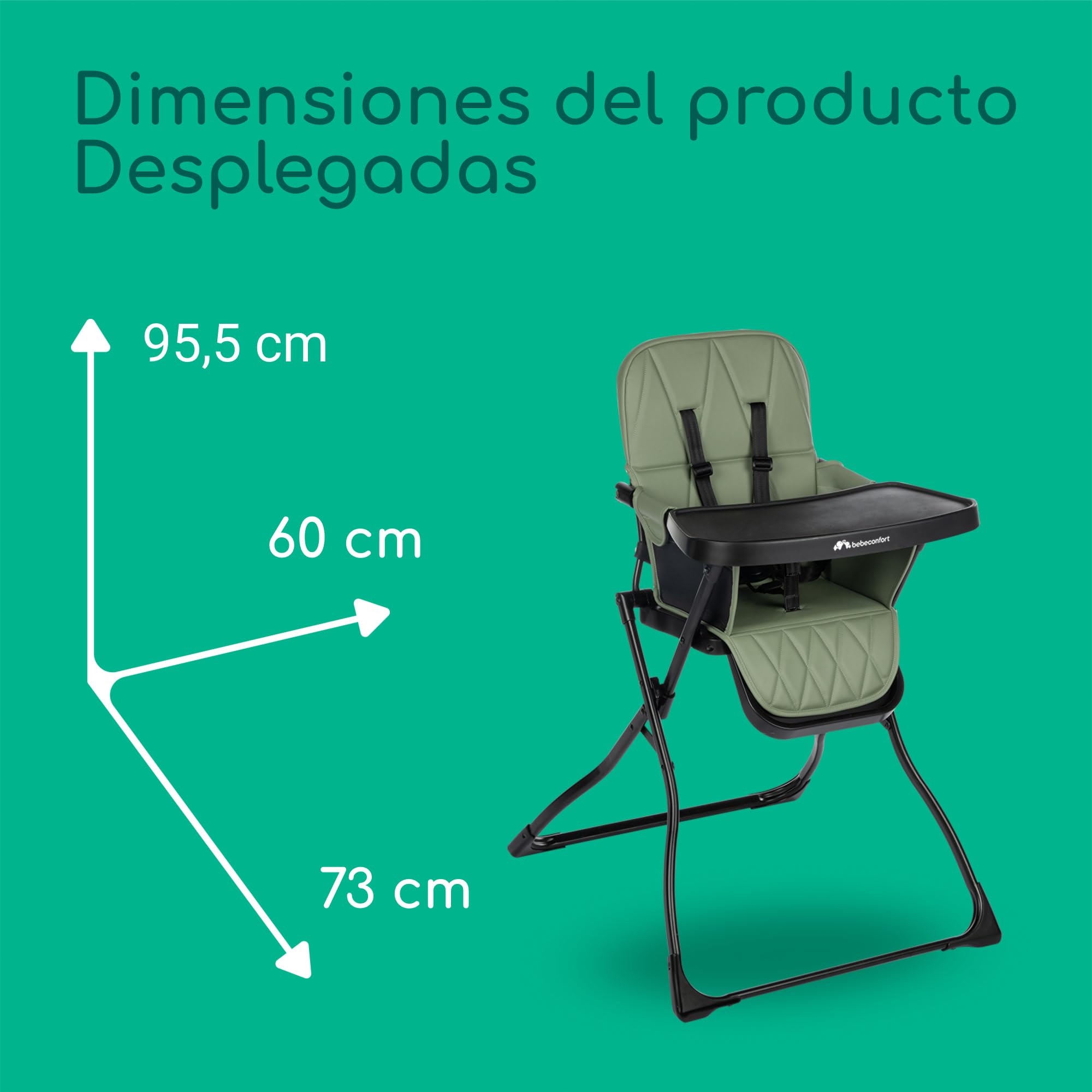 Bebeconfort Lily, trona, 6 meses-3 años, 9-15 kg, plegado ultracompacto, ligera (4 kg), fácil limpieza, acolchado suave, plegado fácil con una sola mano, Mineral Green