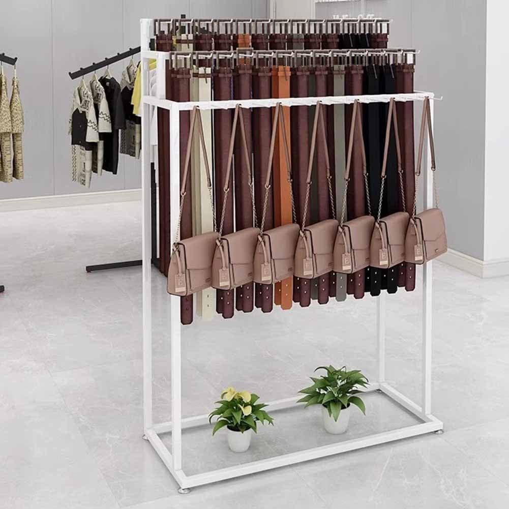 Floor Standing Belt Hanger with Wheels, Metal Men Closet Display Stand Organizer Ties Scarf Rack Shawls Purse Shelf Retail Store Multi Functional Shelves,White-150x40x150CM