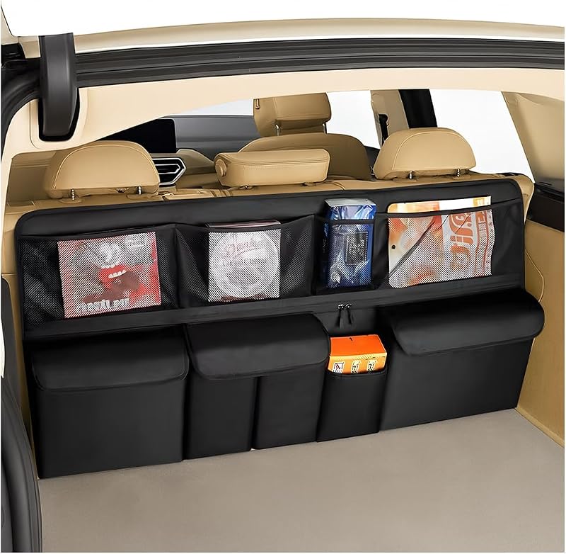 HZEL 41 x 20 Inch Hanging Trunk Organizer with 9 Pockets, Black | Oxford cloth, nine storage pockets, foldable hanging design, adjustable buckle straps, fits most sedans and SUVs