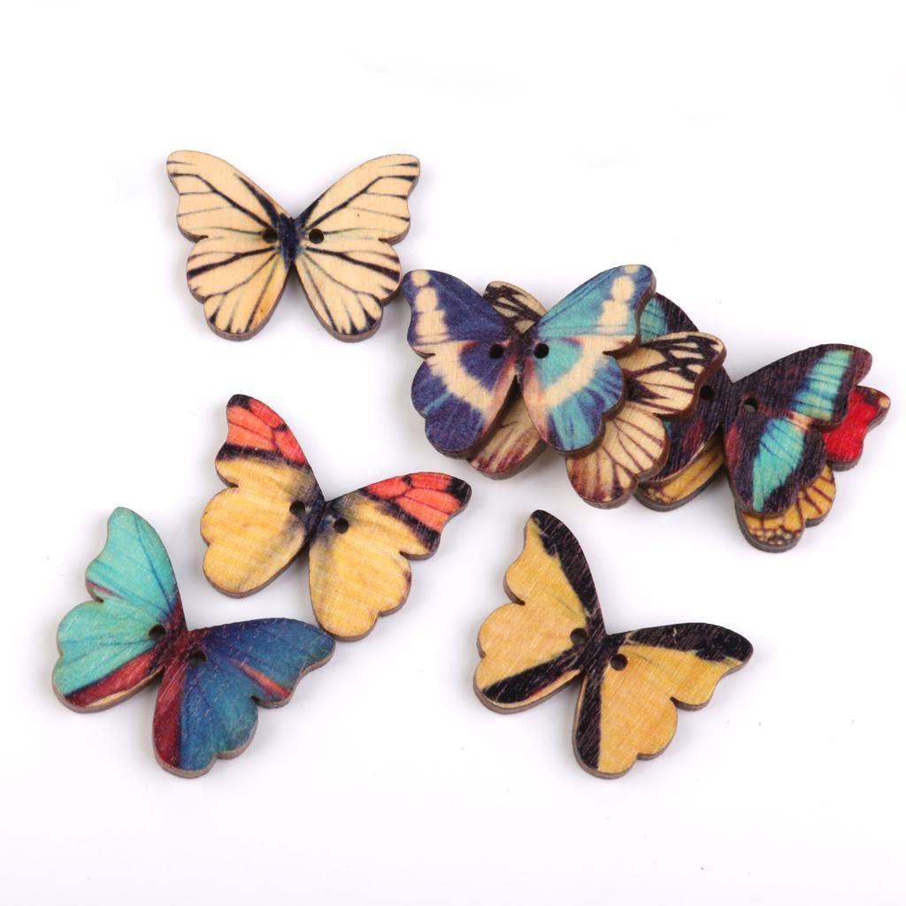 Lot De 14 Boutons En Bois Fantaisie Papillon Multicolore - 25x18 Mm, BBF26