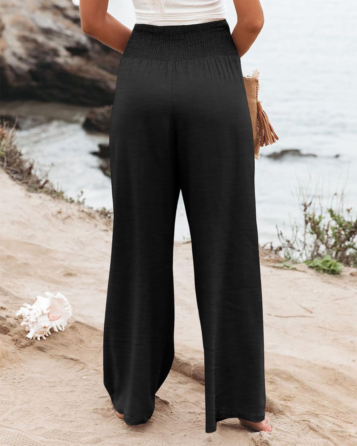 Womens Elastic High Waisted Palazzo Pants Casual Wide Leg Long Lounge Pant Trousers with Pocket - Image 4