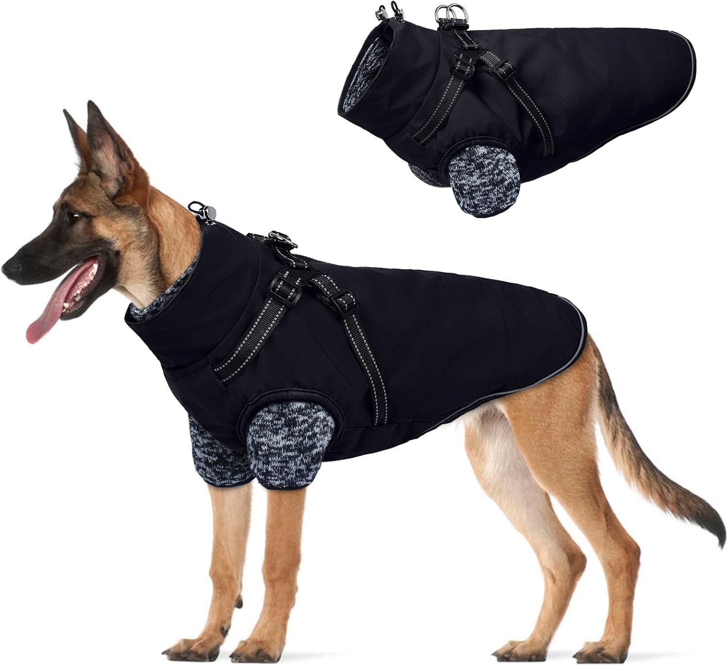 Lelepet Dog Coat 3 in 1 Waterproof Dog Winter Jacket with Harness Built in Windproof Snow Jakcet with Detachable Fleece Sweater Lining Reflective Thermal Cold Weather Coats for Small Medium Large Dogs Large Black