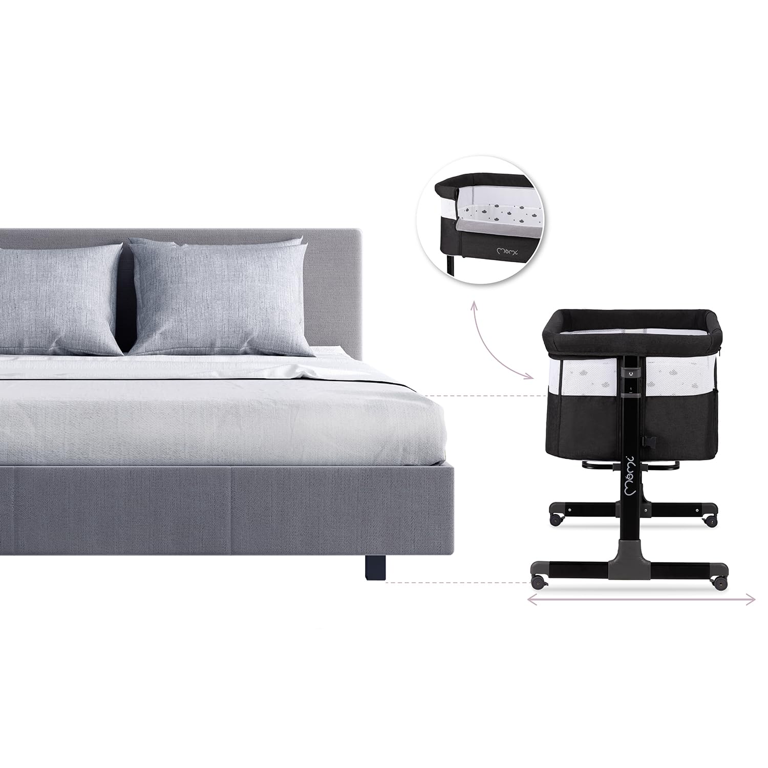 Momi REVO Lettino multifunzionale, con regolazione dell'altezza su 6 livelli da 72 a 82 cm, con rotelle, materassino incluso, cinghie di fissaggio, zanzariera e barra giochi