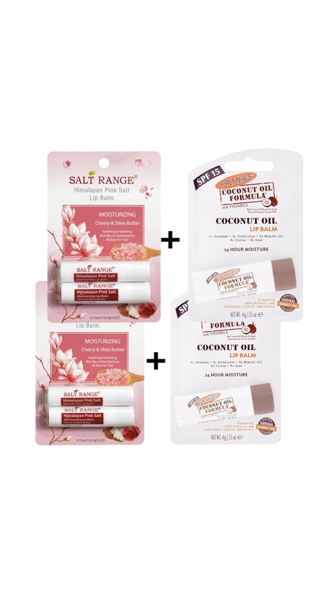 Range Himalayan Pink Salt Lip Balm with Cherry & Shea Butter, Moisturization Lip Care, 100% Natural, Organic, 1 Count (2 Pieces) - 0.30 Oz. + (2 Pieces) Coconut Oil Lip Balm SPF 15, 0.15 Oz.
