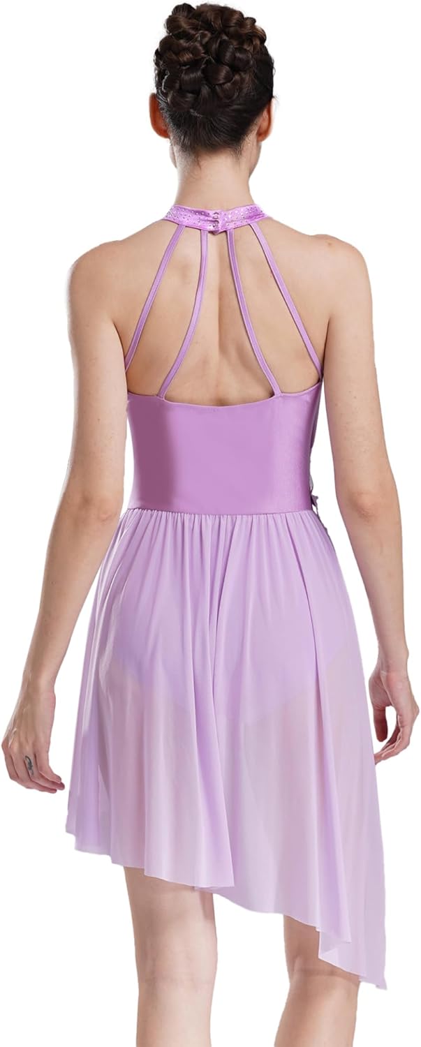 Women Applique Lyrical Dance Dress Irregular Flowy Tulle Skirt Leotard Contemporary Dance Costume
