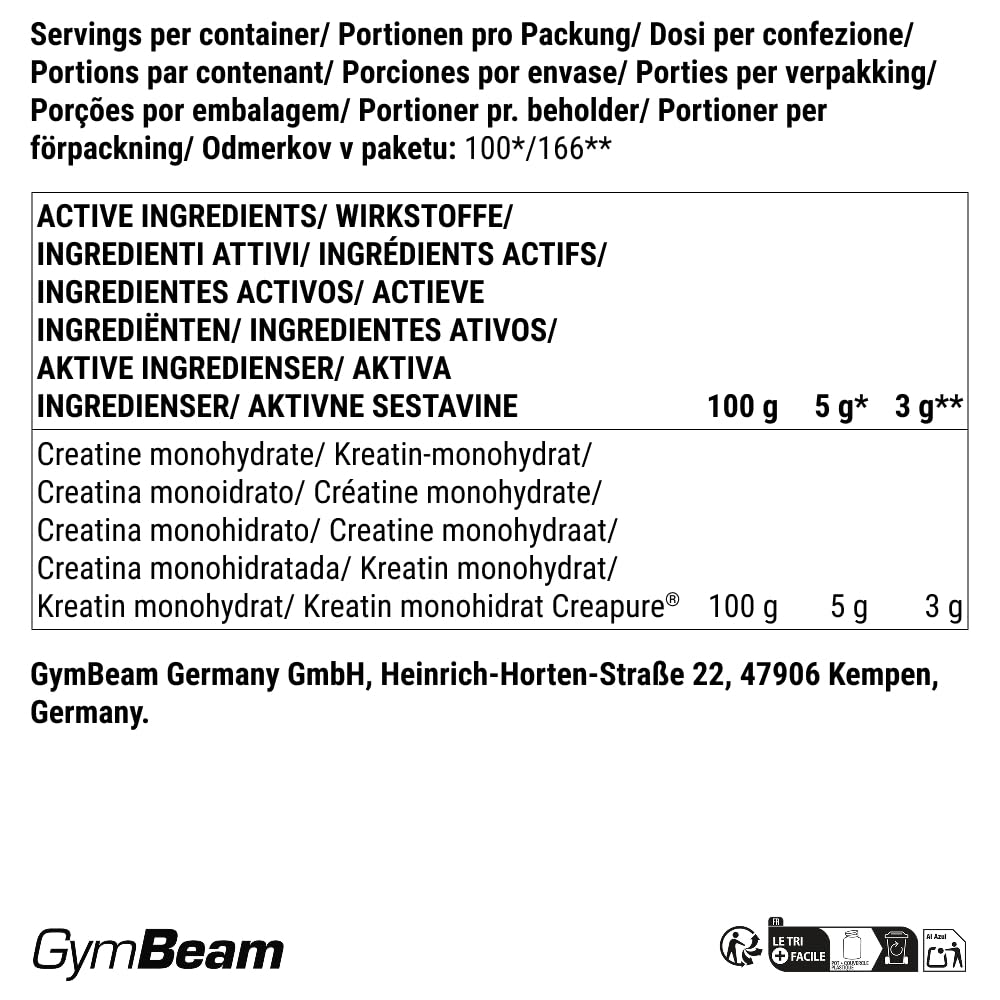 GymBeam Creapure Créatine Monohydrate en Poudre – Sans arôme – 1000 g