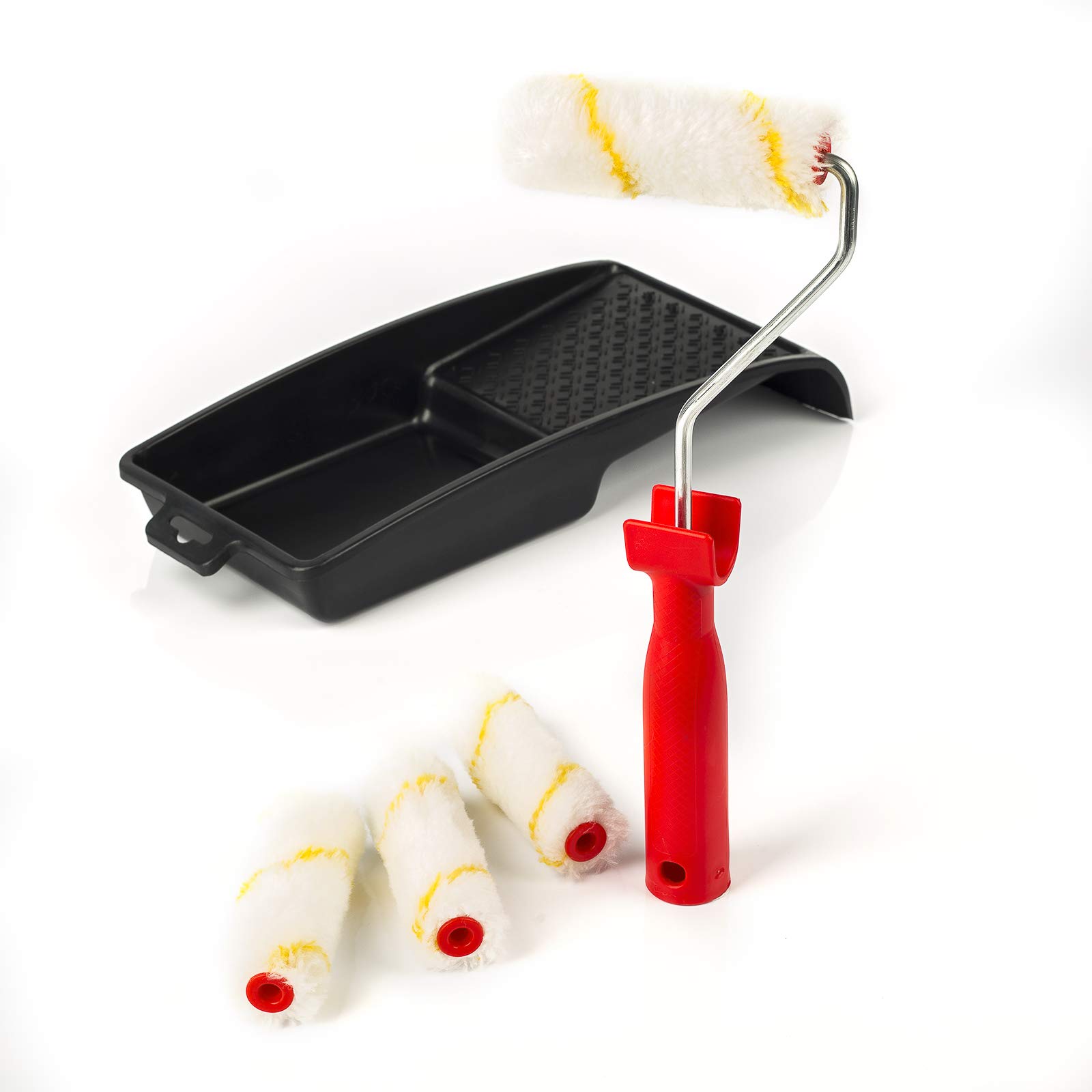 RIGO Kit Rulli Pittura e Vernice Piccoli Anti-goccia Anti-gocciolamento Riutilizzabili da 11 cm con 4 Ricambi e Vassoio – Rullo Perfetto per Pareti e Soffitti