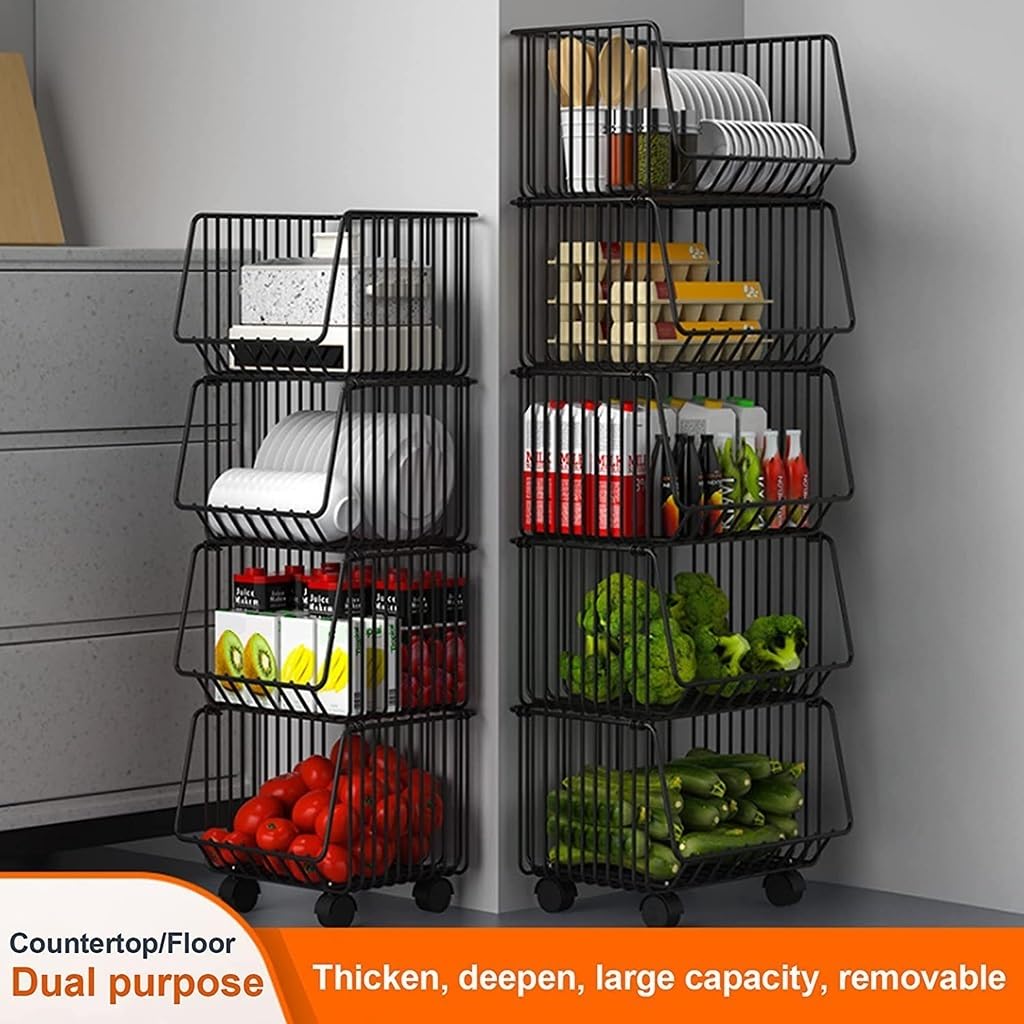 Carrito de almacenamiento de verduras de cocina, estante de frutas apilable de 5 niveles con ruedas, estante de utilidad resistente para cebollas y patatas, organizador multifuncional