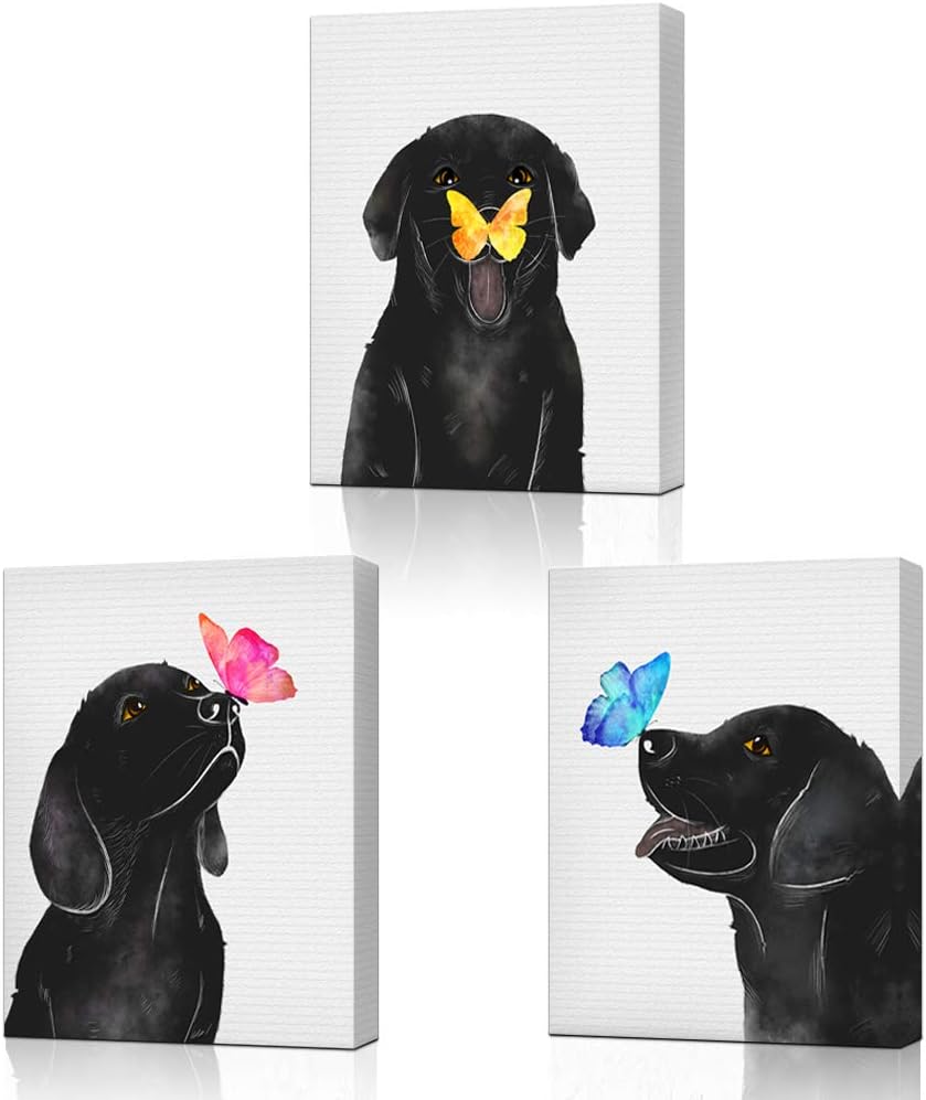 KLVOS Dog Animal Wall Art for Nursery Room Butterfly on Dog Nose Kids Bed Room Wall Decor 3 Panel Black and White Puppy Prints Picture for Pet Shop 12"x16"x3 pcs