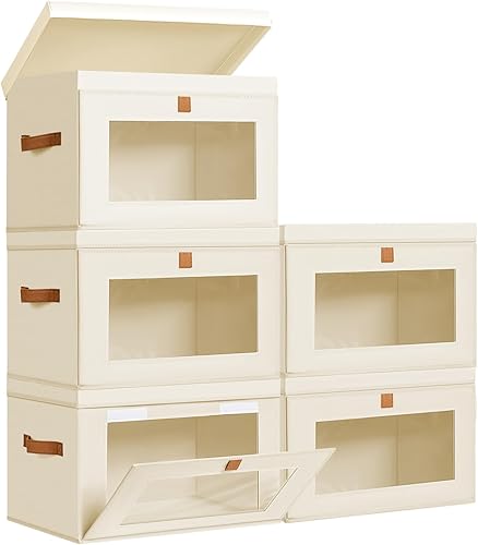 Miniatura 24 de DIMJ Contenedores de almacenamiento con tapas, paquete de 4 organizadores grandes de tela con ventana y asas, cajas de almacenamiento decorativas